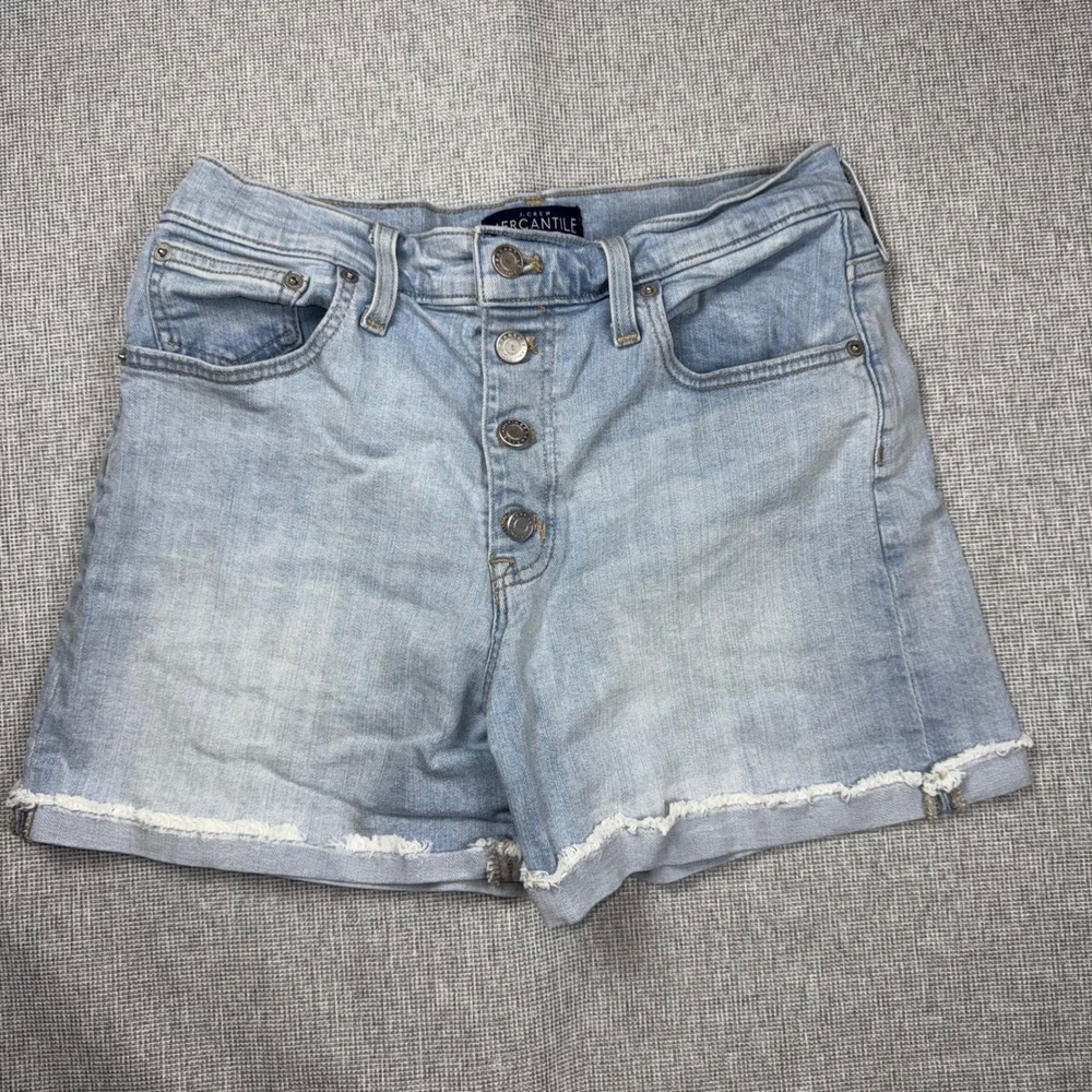 J.Crew Mercantile Womens Denim Shorts Light Wash Button Fly Raw Hem Size 28